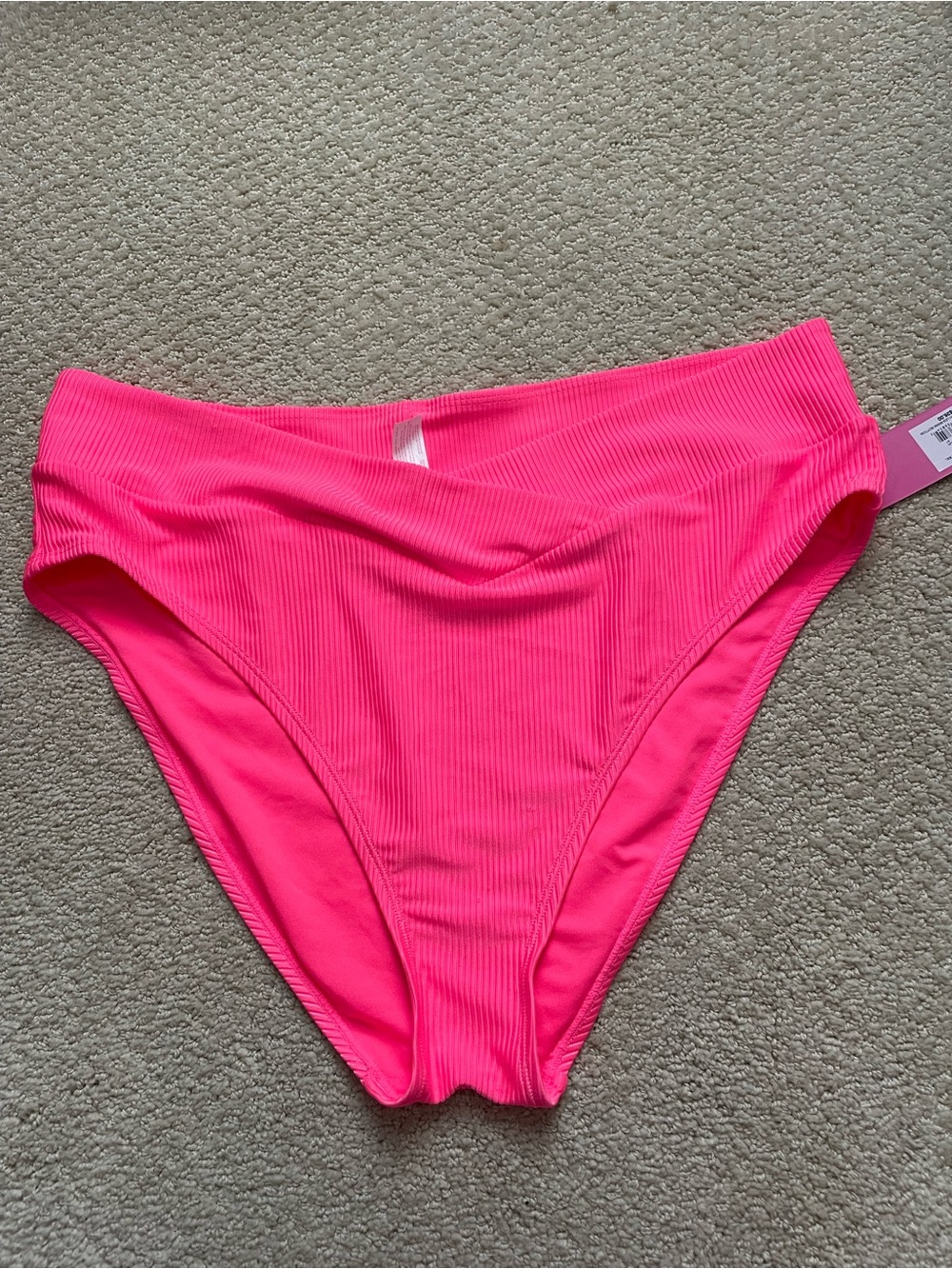 High-Waist Ribbed Bikini Bottom - Hot Pink